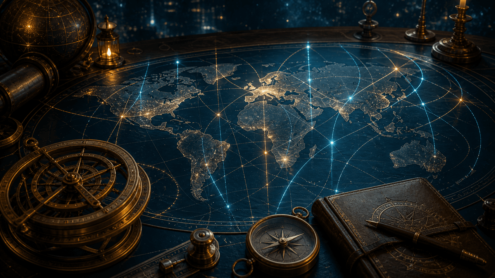 World map with glowing astrocartography meridian lines