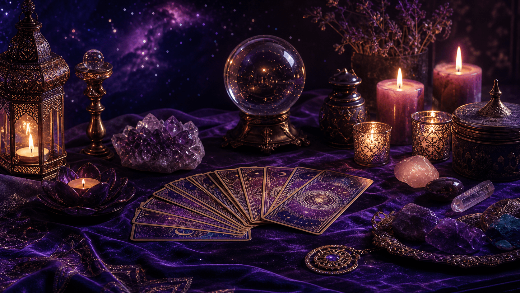 Luxury tarot reading table with crystals and candlelight