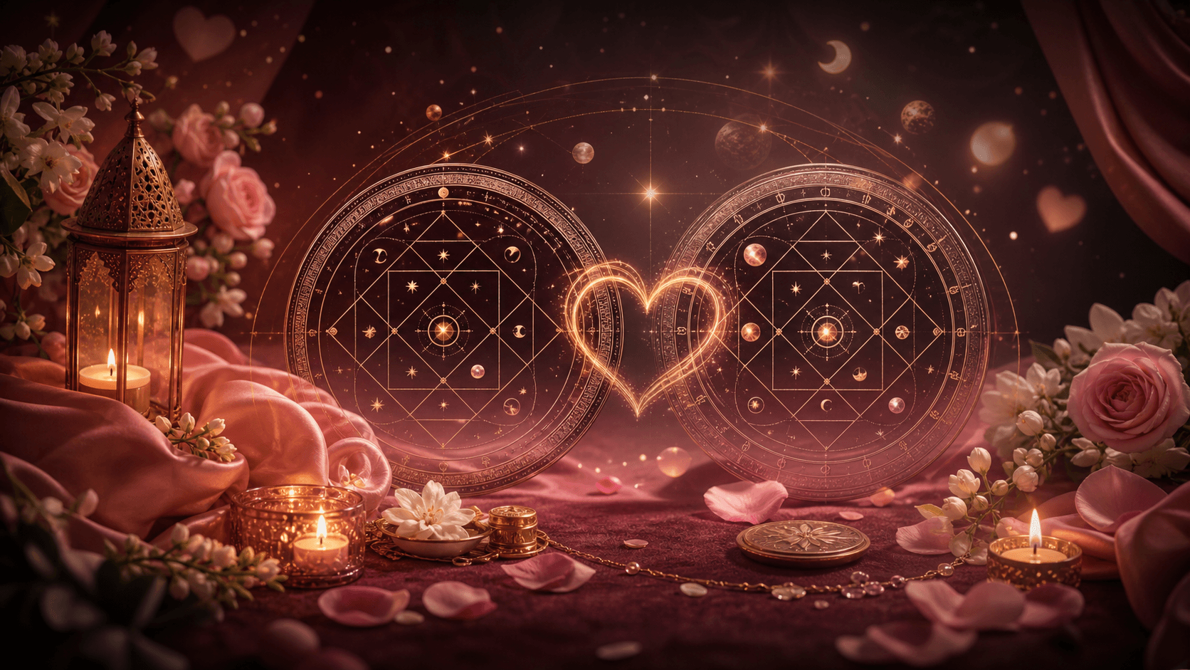 Celestial compatibility chart with rose gold romantic details