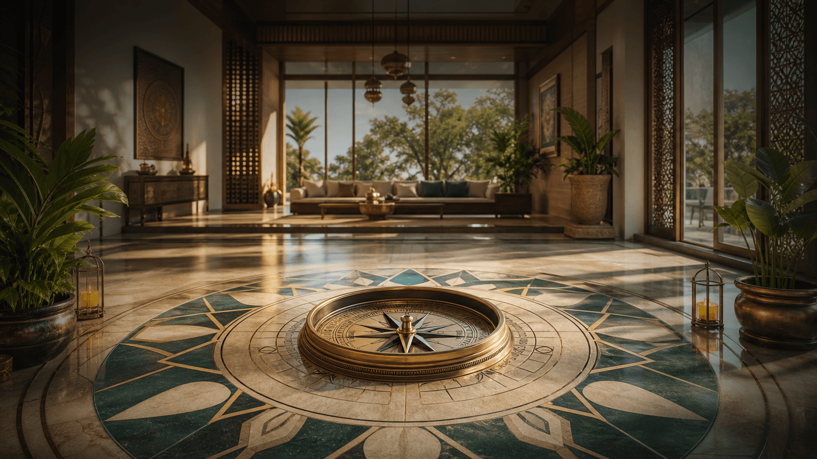Vastu compass in a balanced modern home interior