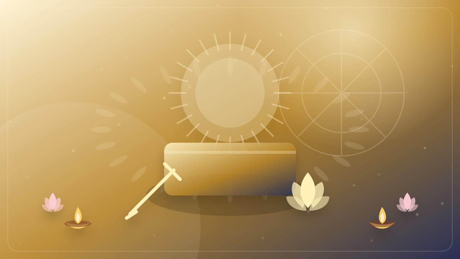 A Vishwakarma Puja cover with work tools, ledger, lamp, and auspicious gold tones.