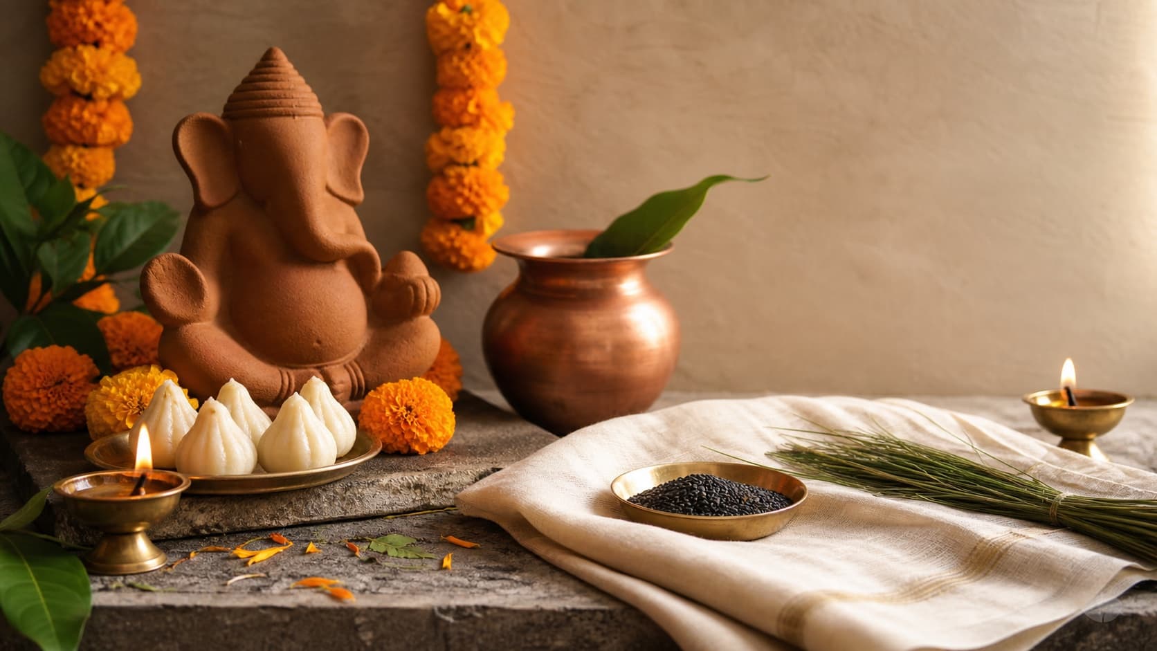 A clay Ganesha idol with modak, marigolds, diya, sesame, kusha grass, and ancestral offering items.