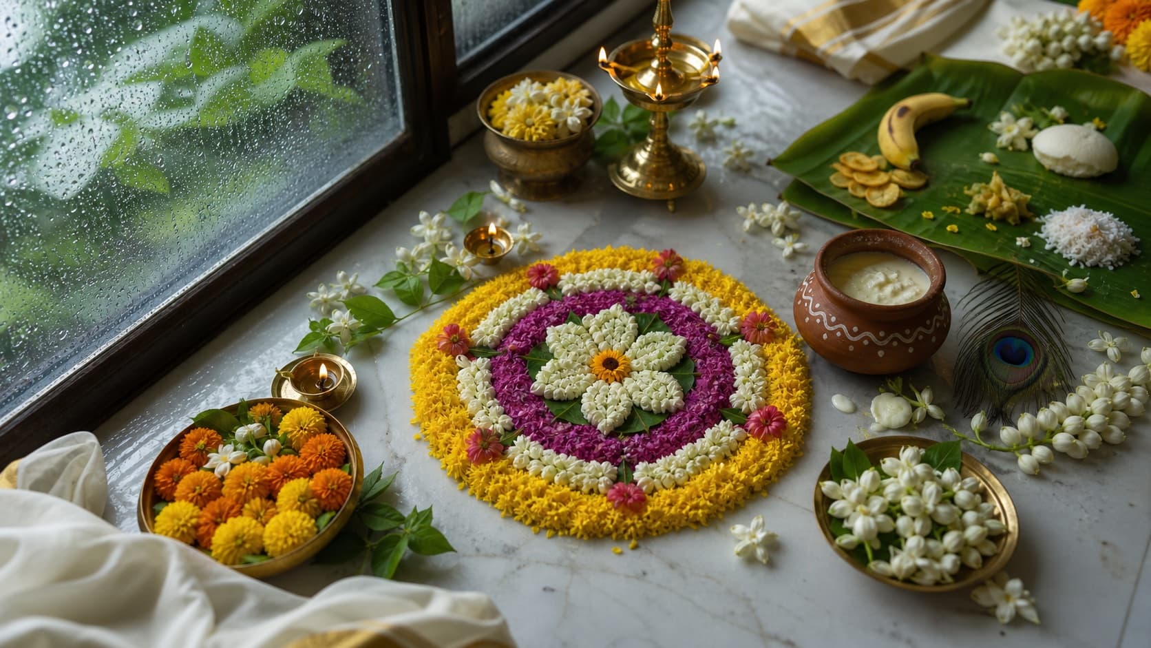 A floral rangoli, brass lamp, butter pot, peacock feather, banana leaf, and monsoon festival offerings.