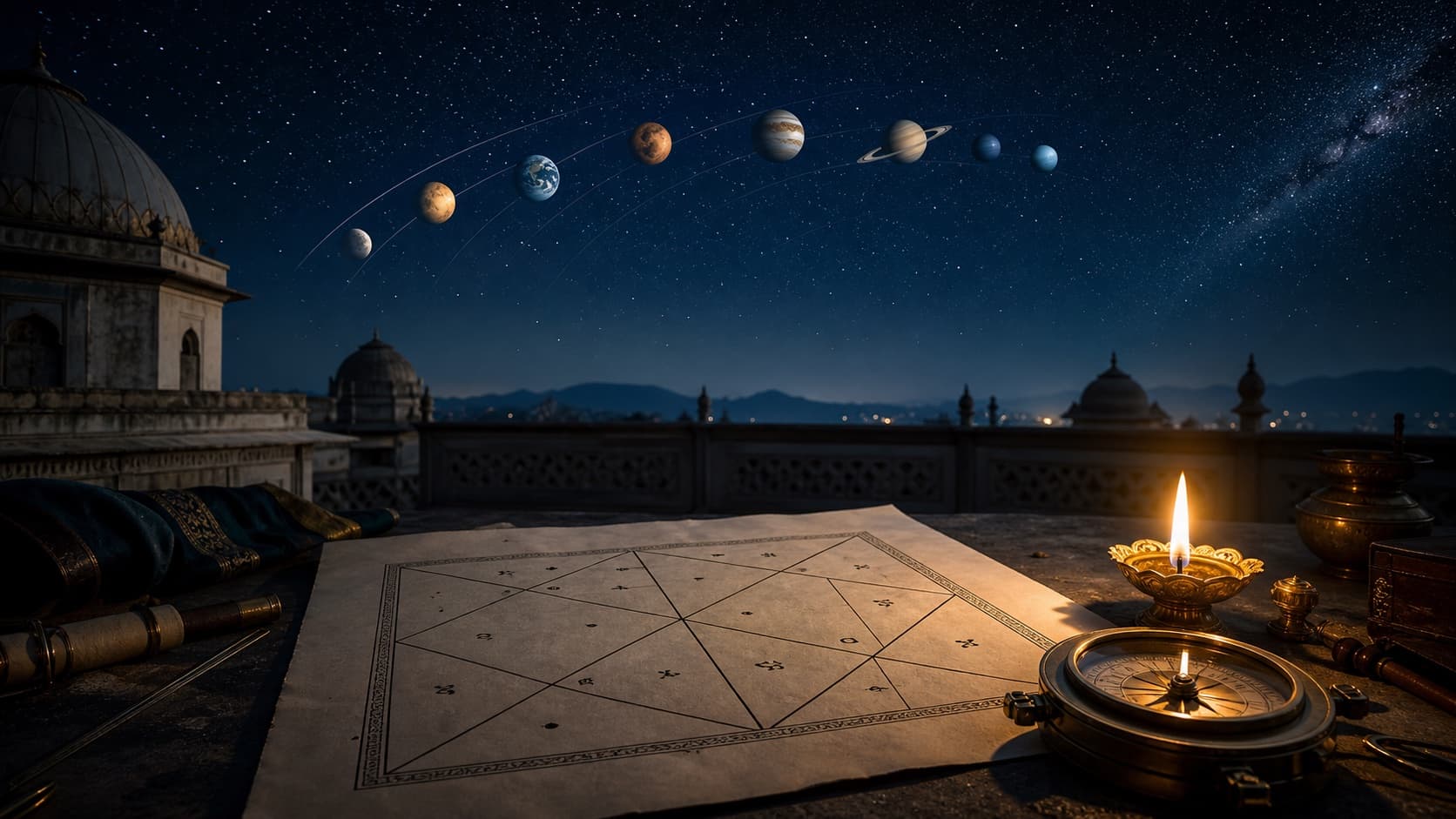 A Vedic astrology chart, brass lamp, compass, and symbolic planets under a clear night sky.