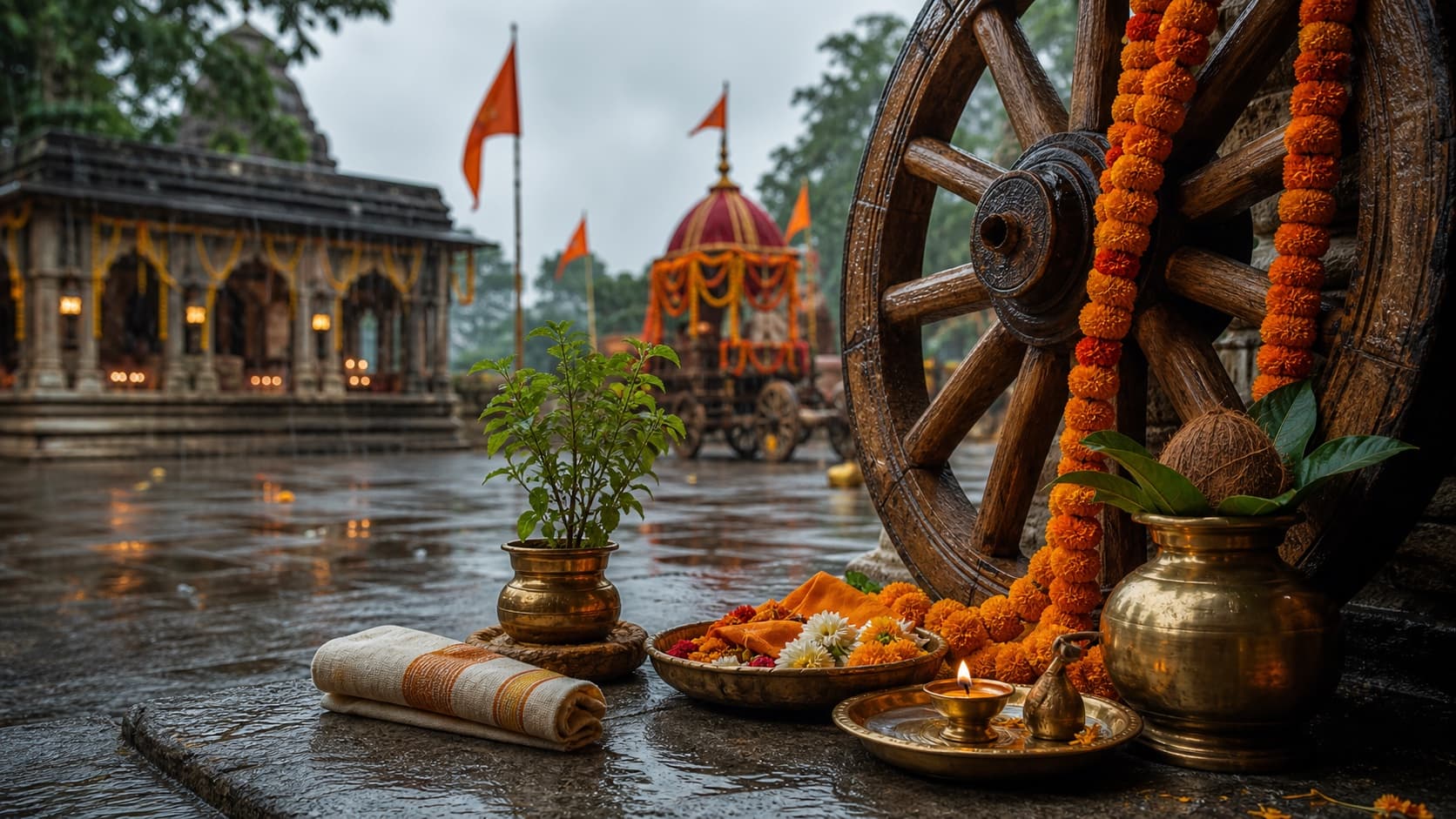 A monsoon temple courtyard with a decorated wooden chariot wheel, tulsi, kalash, marigolds, and diya.