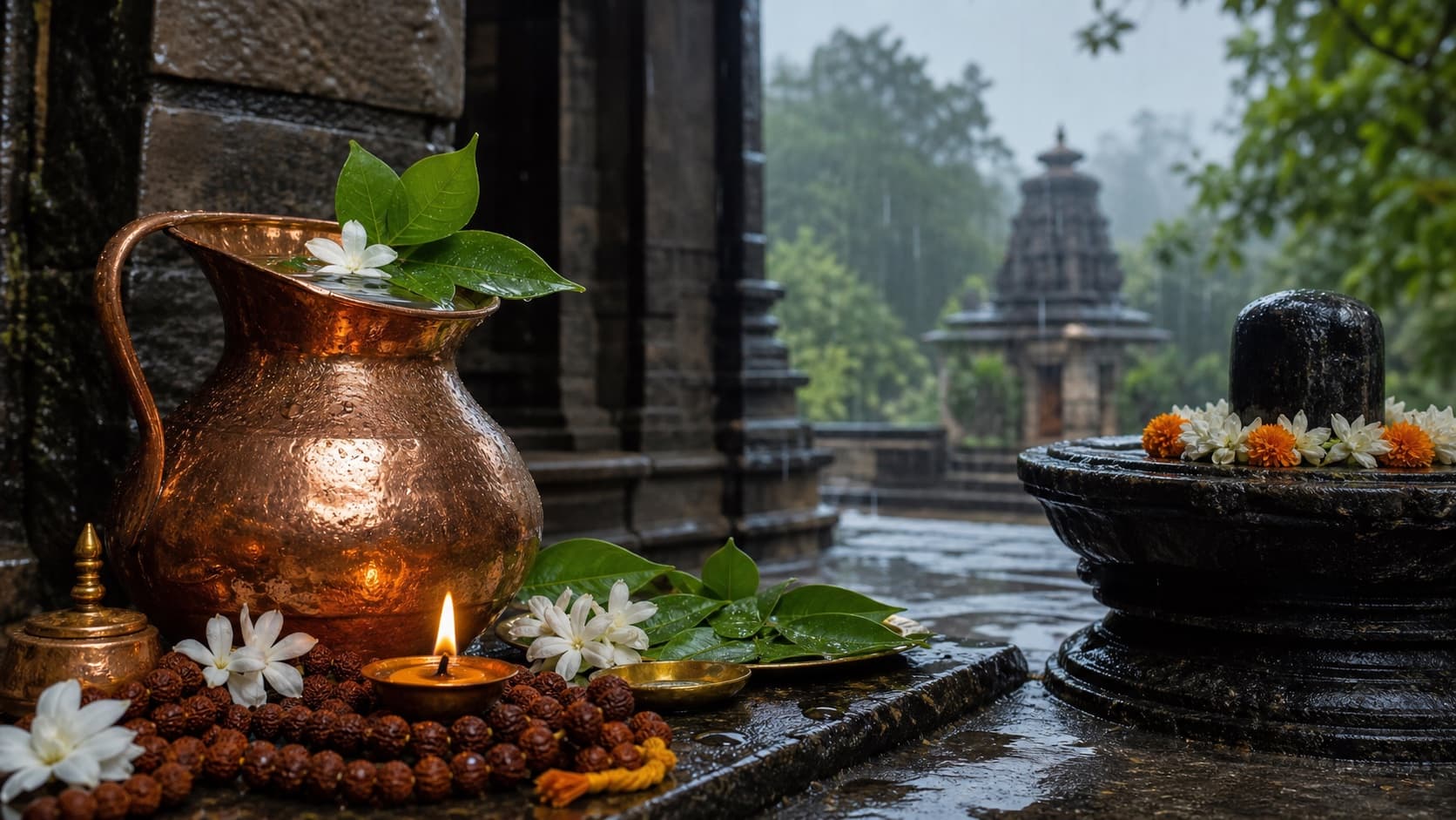 Copper kalash, bilva leaves, rudraksha, diya, and Shiva lingam in a rain-washed temple setting.