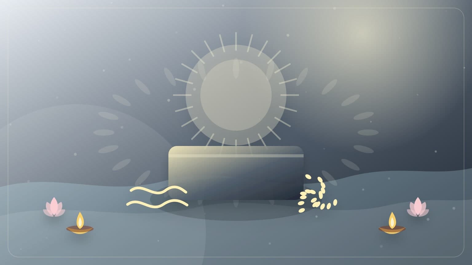 A Hariyali Amavasya cover with ancestor offering items, water, sesame, and diya.