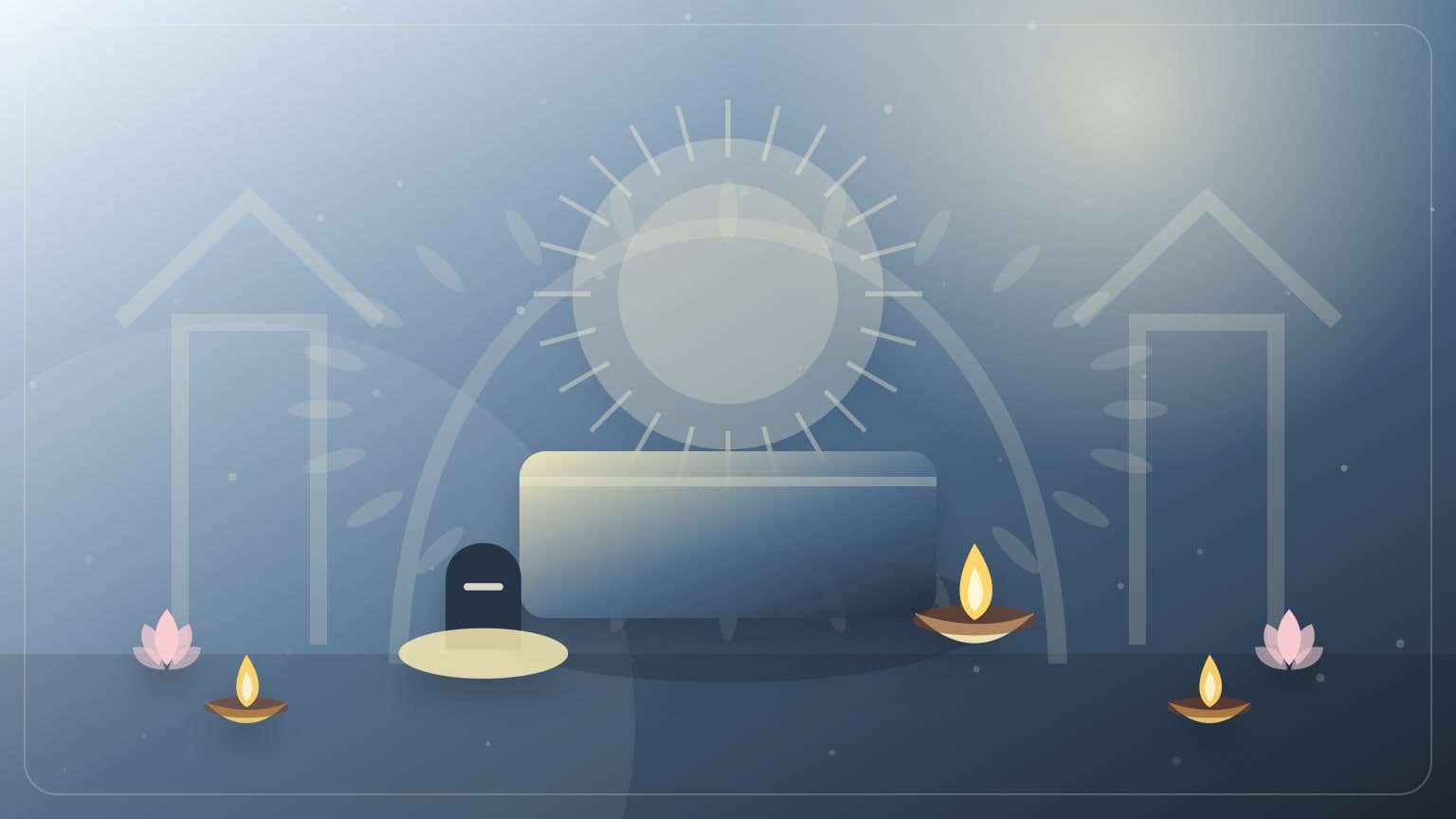 A Pradosh Shiva puja cover with lingam symbolism, bilva leaves, and evening diya.