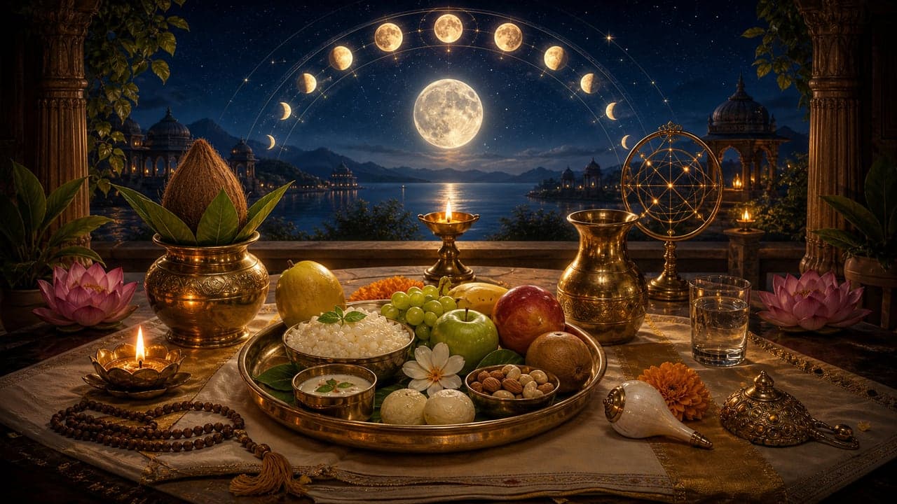 Fasting and vrat observance setting with fruits, lamps and the moon
